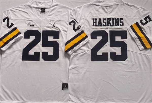 Mens Michigan Wolverines #25 HASKINS White Stitched Jersey